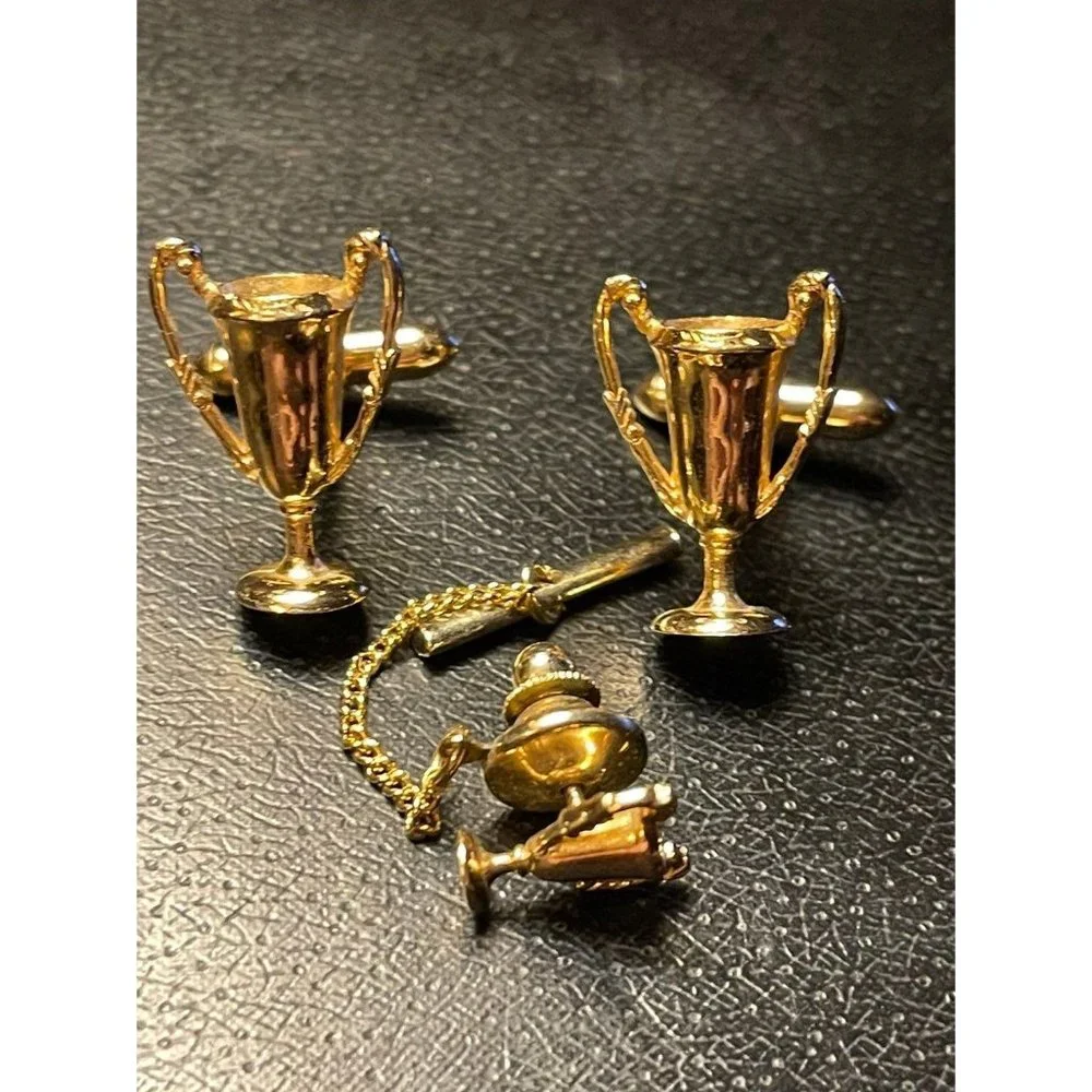 Vintage Swank Tivoli Gold Tone Trophy Cup Award Winner Cuff Links Tie